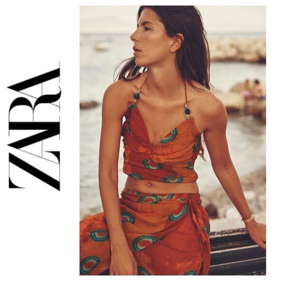NWT Zara Orange Printed Beaded Halter Crop Top, Size Medium - Picture 1 of 16